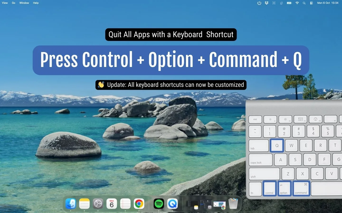 Quit all Mac apps with a keyboard shortcut: Control + Option + Command + Q