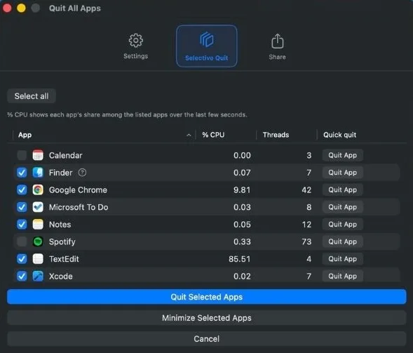 Choose which apps to bulk quit